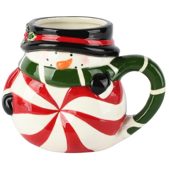 Dekoratief | Mok sneeuwman 'Candy Cane', rood/wit, keramiek, 16x10x13cm | A265790