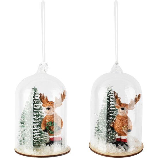 Dekoratief | Hanger globe m/rendier, groen/bruin, glas, 6x6x11cm, set van 2 stuks | A265264