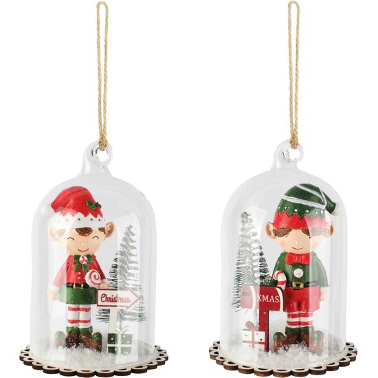 Dekoratief | Hanger globe m/kerstelfje, groen/rood, glas, 7x7x11cm, set van 2 stuks | A265263