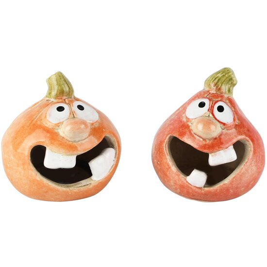 Dekoratief | Pompoenmannetje, oranje, keramiek, LED, 9x9x10cm, set van 2 stuks | A265221