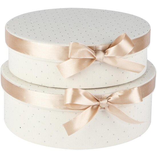 Dekoratief | Set 2 dozen rond m/striklint, wit/beige, velvet/karton, 29x29x10cm | A265783