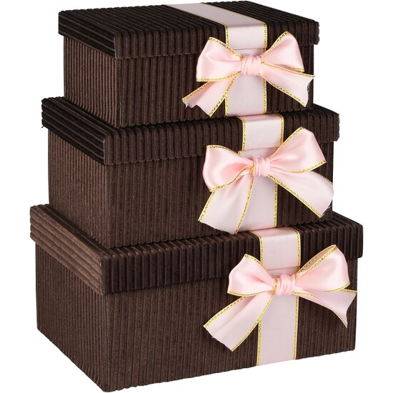 Dekoratief | Set 3 dozen rechthoek m/striklint, bruin/roze, velvet/karton, 28x20x12cm | A265780