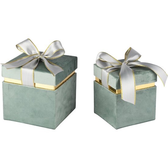 Dekoratief | Set 2 dozen vierkant m/striklint, munt, velvet/karton, 16x16x16cm | A265778