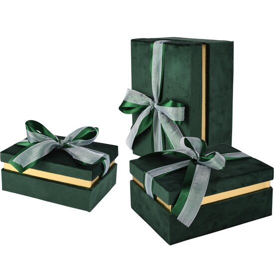 Dekoratief | Set 3 dozen rechthoek m/striklint, groen/goud, velvet/karton, 26x18x12cm | A265775