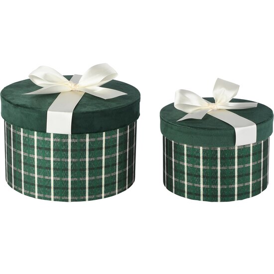 Dekoratief | Set 2 tondozen m/striklint, groen/wit, velvet/karton, 24x24x16cm | A265774