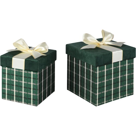 Dekoratief | Set 2 dozen vierkant m/striklint, groen/wit, velvet/karton, 16x16x16cm | A265773