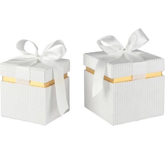 Dekoratief | Set 2 dozen vierkant m/striklint, wit/goud, velvet/karton, 16x16x16cm | A265764