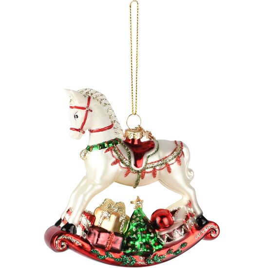Dekoratief | Hanger schommelpaard m/cadeautjes, wit/rood, glas, 12x4x13cm | A265747