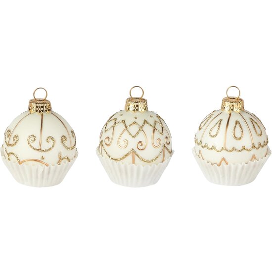 Dekoratief | Set 3 hangers cupcakes, wit/goud, glas, 6x6x6cm | A265746