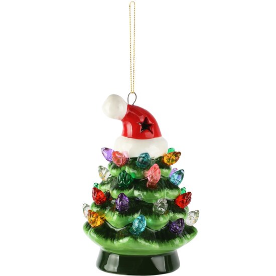 Dekoratief | Hanger kerstboom, groen/rood, keramiek, LED, 6x6x10cm | A265346
