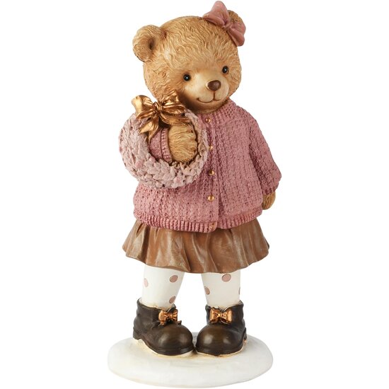 Dekoratief | Beertje staand m/krans, bruin/roze, resina, 9x7x19cm | A265714