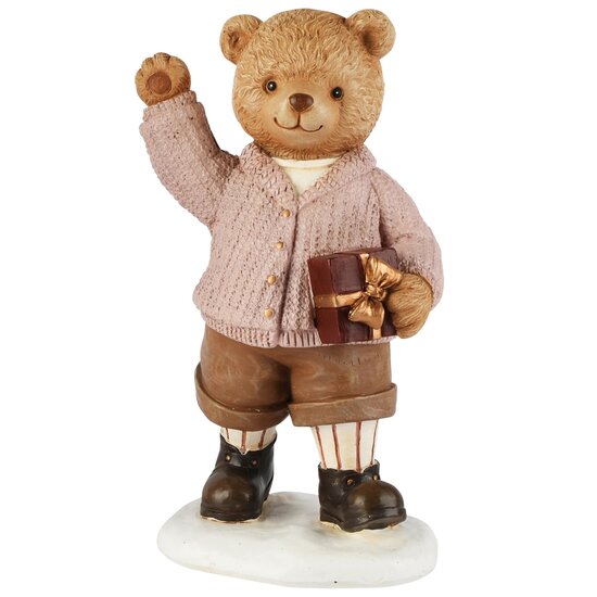 Dekoratief | Beertje staand m/cadeautje, bruin/roze, resina, 11x8x18cm | A265713