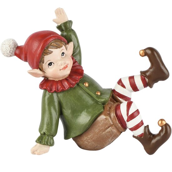 Dekoratief | Kerstelfje jongen zittend, groen/rood, resina, 11x5x9cm | A265709