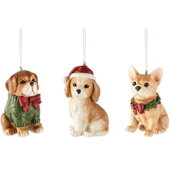 Dekoratief | Hanger hondje, bruin/rood/groen, resina, 5x6x8cm, set van 3 stuks | A265701