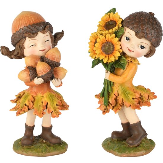 Dekoratief | Herfstkindje m/zonnebloemen/eikels, resina, 10x8x18cm, set van 2 stuks | A265692