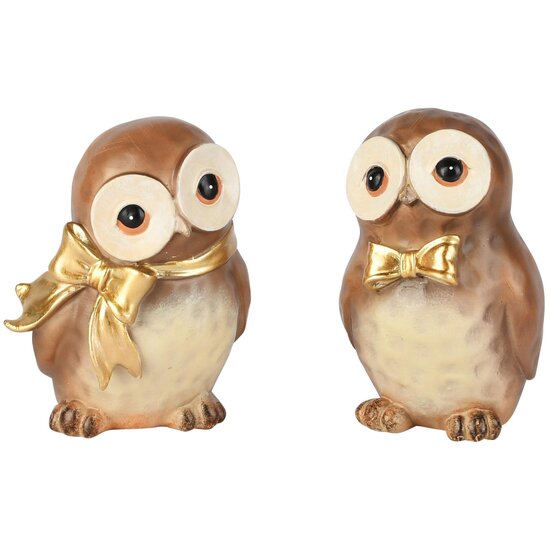 Dekoratief | Deco uil m/strikje, bruin/goud, resina, 8x7x10cm, set van 2 stuks | A265684