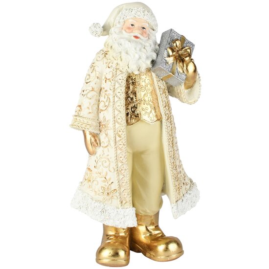 Dekoratief | Santa staand m/cadeautje, goud/wit, resina, 17x12x31cm | A265678