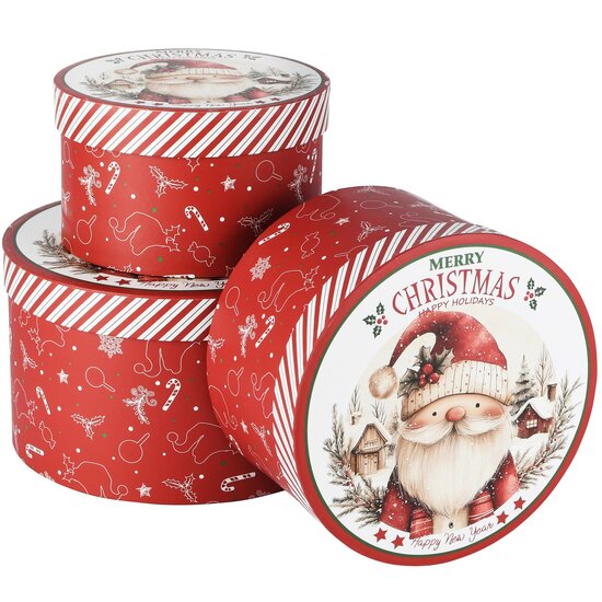 Dekoratief | Set 3 dozen rond 'Santa on Tour', rood, karton, 21x21x12cm | A265662