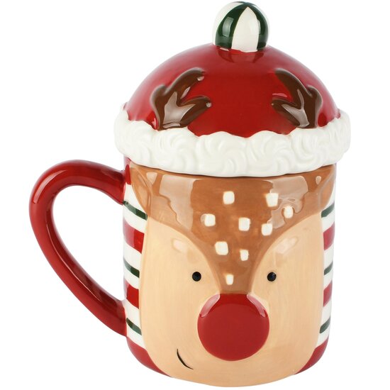 Dekoratief | Mok m/deksel 'Rudolf', rood/bruin, dolomiet, 15x11x17cm | A265657