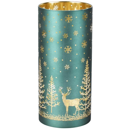 Dekoratief | Deco Waxinelichthouder 'Snow Deer', groen, glas, roterend, LED, 9x9x21cm | A265652
