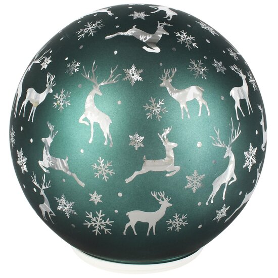 Dekoratief | Deco bol 'Frosty Reindeer', groen, glas, roterend, LED, 15x15x15cm | A265651