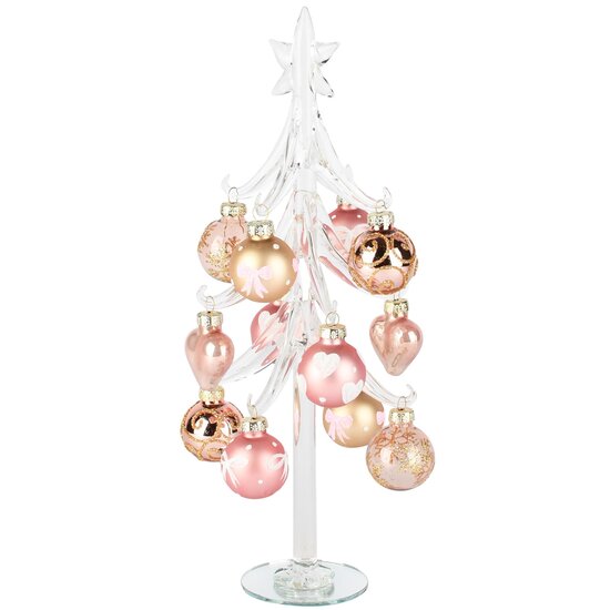 Dekoratief | Kerstboompje m/balletjes, transparant/roze/goud, glas, 10x10x27cm | A265648
