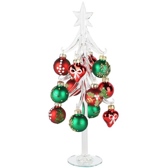 Dekoratief | Kerstboompje m/balletjes, transparant/rood/groen, glas, 10x10x27cm | A265647