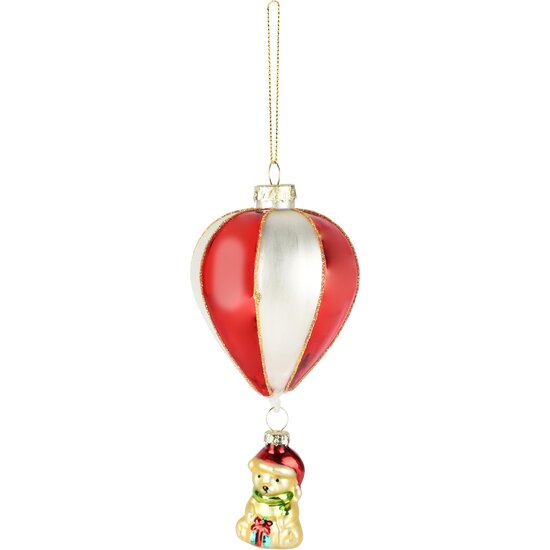 Dekoratief | Hanger ballon m/beertje, rood/wit/goud, glas, 7x7x15cm | A265641