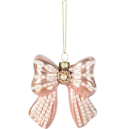 Dekoratief | Hanger strik m/pareltjes, roze/wit, glas, 9x4x9cm | A265640