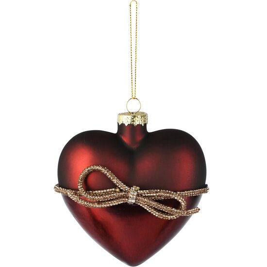 Dekoratief | Hanger hart m/strik, bordeaux/goud, glas, 10x5x10cm | A265639