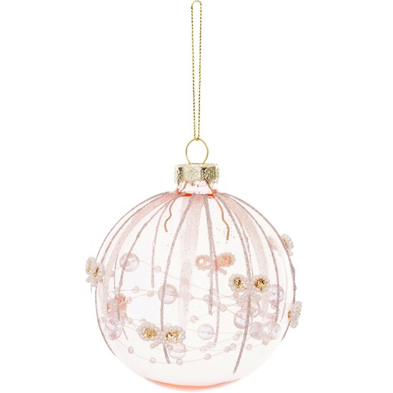 Dekoratief | Hanger bal m/strikjes, roze/transparant, glas, 8x8x8cm | A265637