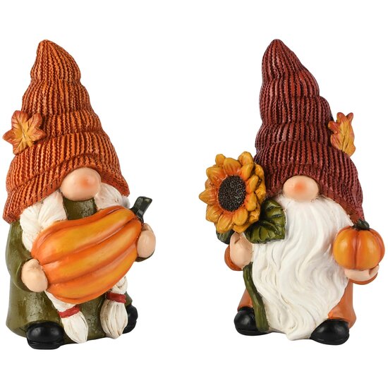 Dekoratief | Herfstgnoompje m/pompoen, oranje/groen, resina, 9x7x14cm, set van 2 stuks | A265447