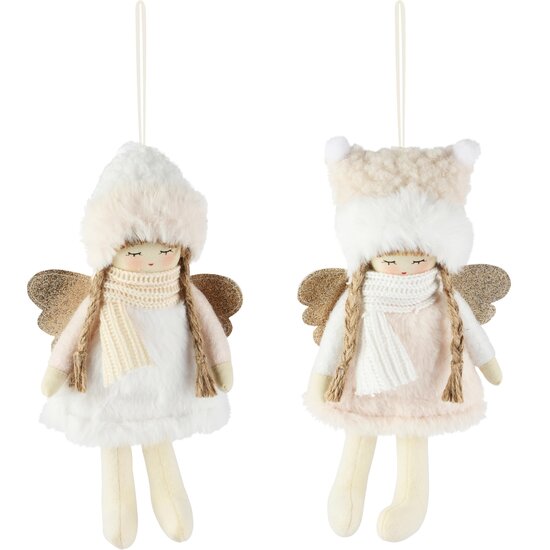 Dekoratief | Hanger engelmeisje, wit, polyester, 13x22cm, set van 2 stuks | A265583