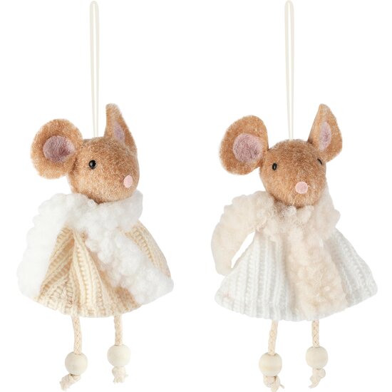 Dekoratief | Hanger muis m/sjaaltje, wit/creme, polyester, 9x15cm, set van 2 stuks | A265582