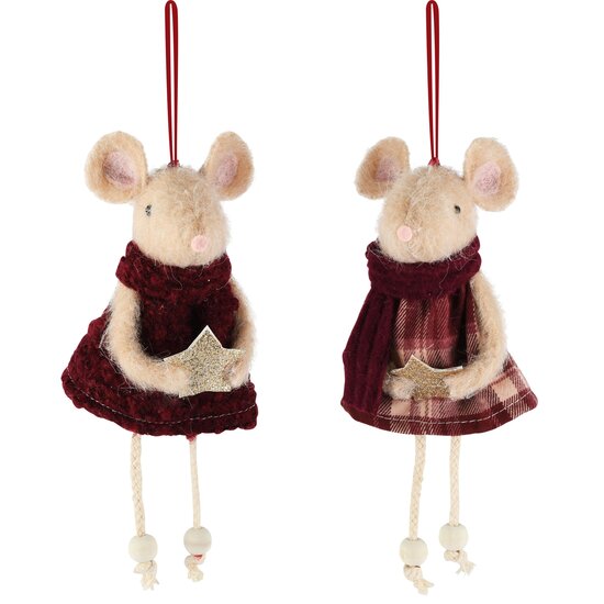 Dekoratief | Hanger muisje m/sterretje, bordeau, polyester, 9x20cm, set van 2 stuks | A265581
