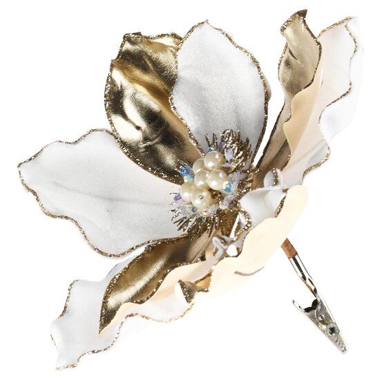 Dekoratief | Deco bloem op clip, wit/goud, polyester, 16x16cm | A265530