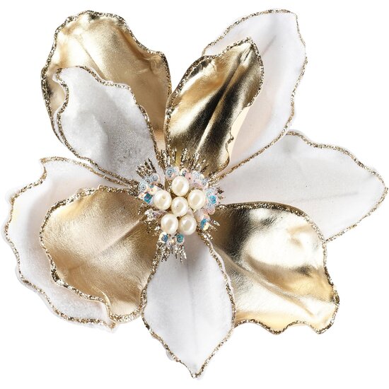 Dekoratief | Deco bloem op clip, wit/goud, polyester, 16x16cm | A265530