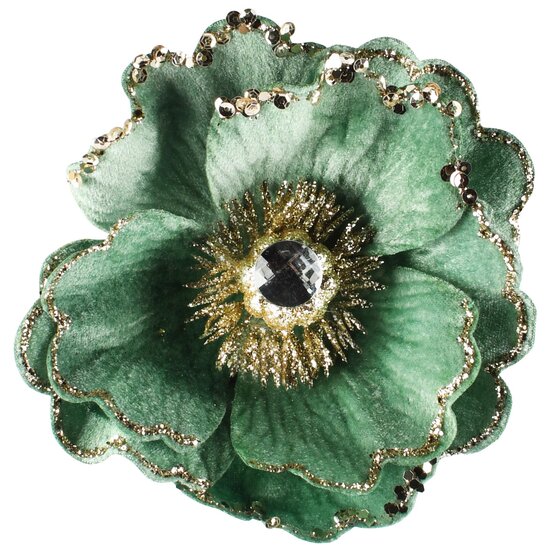Dekoratief | Deco bloem op clip, groen, polyester, 13x13cm | A265528