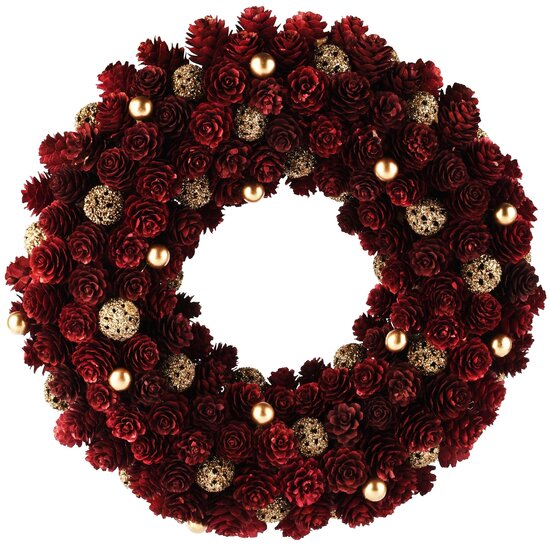Dekoratief | Krans m/dennenappels/kerstballen, bordeau, naturel, 34x34x9cm | A265572