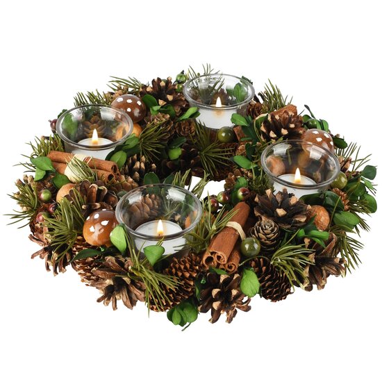 Dekoratief | Tafelstuk rond m/dennenappels, groen, naturel, 30x30x7cm | A265500