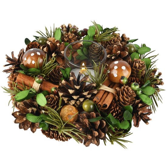 Dekoratief | Tafelstukje rond m/dennenappels, groen, naturel, 20x20x7cm | A265501