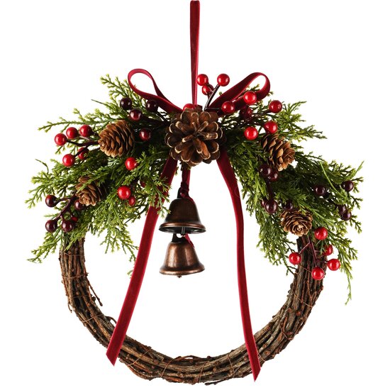 Dekoratief | Krans m/bessen/takjes/belletjes, rood/groen, naturel, 23x7x25cm | A265509