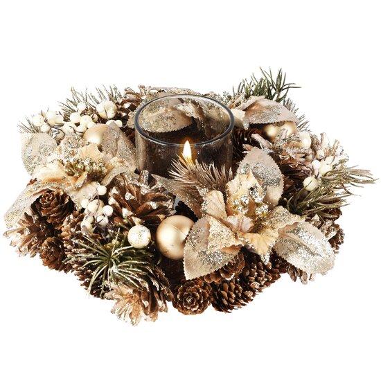 Dekoratief | Tafelstukje rond m/kerstrozen, champagne, naturel, 25x25x8cm | A265513