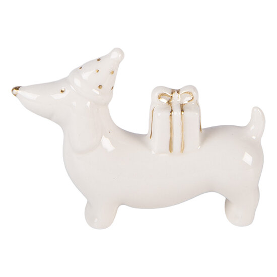 Clayre &amp; Eef | Decoratie Hond Wit Goudkleurig 8x2x5 cm | 6CE2430