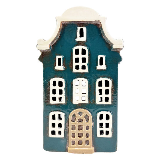 Clayre &amp; Eef | Theelichthouder Kerst Huisje Blauw Beige 11x8x19 cm | 6CE2522