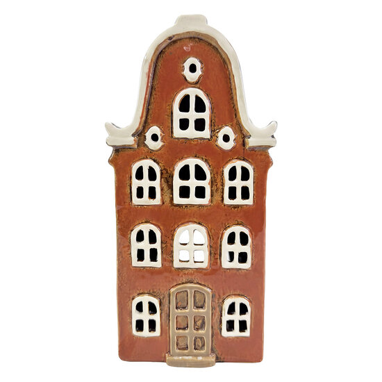 Clayre &amp; Eef | Theelichthouder Kerst Huisje Oranje Beige 11x8x24 cm | 6CE2524