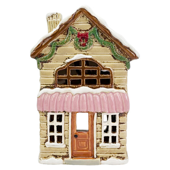 Clayre &amp; Eef | Theelichthouder Kerst Huisje Beige Bruin 14x9x20 cm | 6CE2535