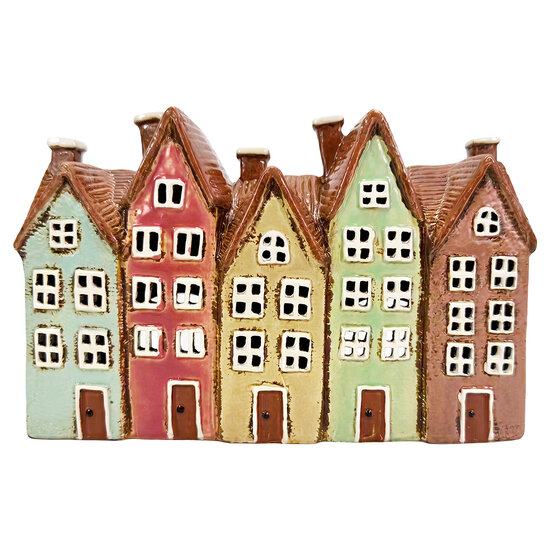 Clayre &amp; Eef | Theelichthouder Kerst Huisjes Bruin Beige 26x9x17 cm | 6CE2537