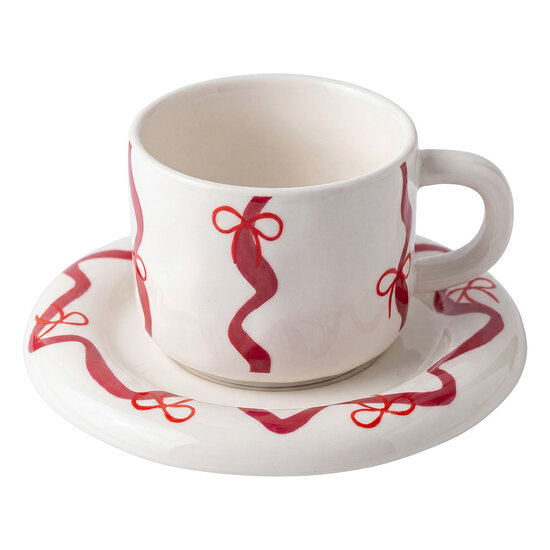 Clayre &amp; Eef | Kop en schotel Wit Rood 250 ml | 6CEKS0146