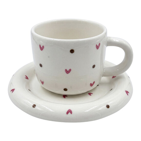 Clayre &amp; Eef | Kop en schotel Wit Roze 250 ml | 6CEKS0151
